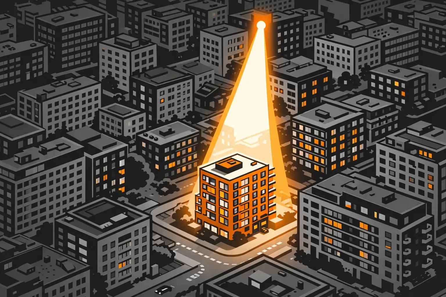 Een oranje spotlicht schijnt op een gebouw dat nog niet op de markt is gekomen