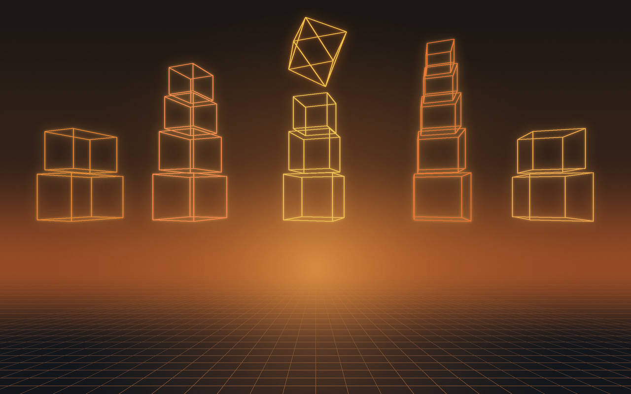Wireframe datatorens boven een amberkleurig raster