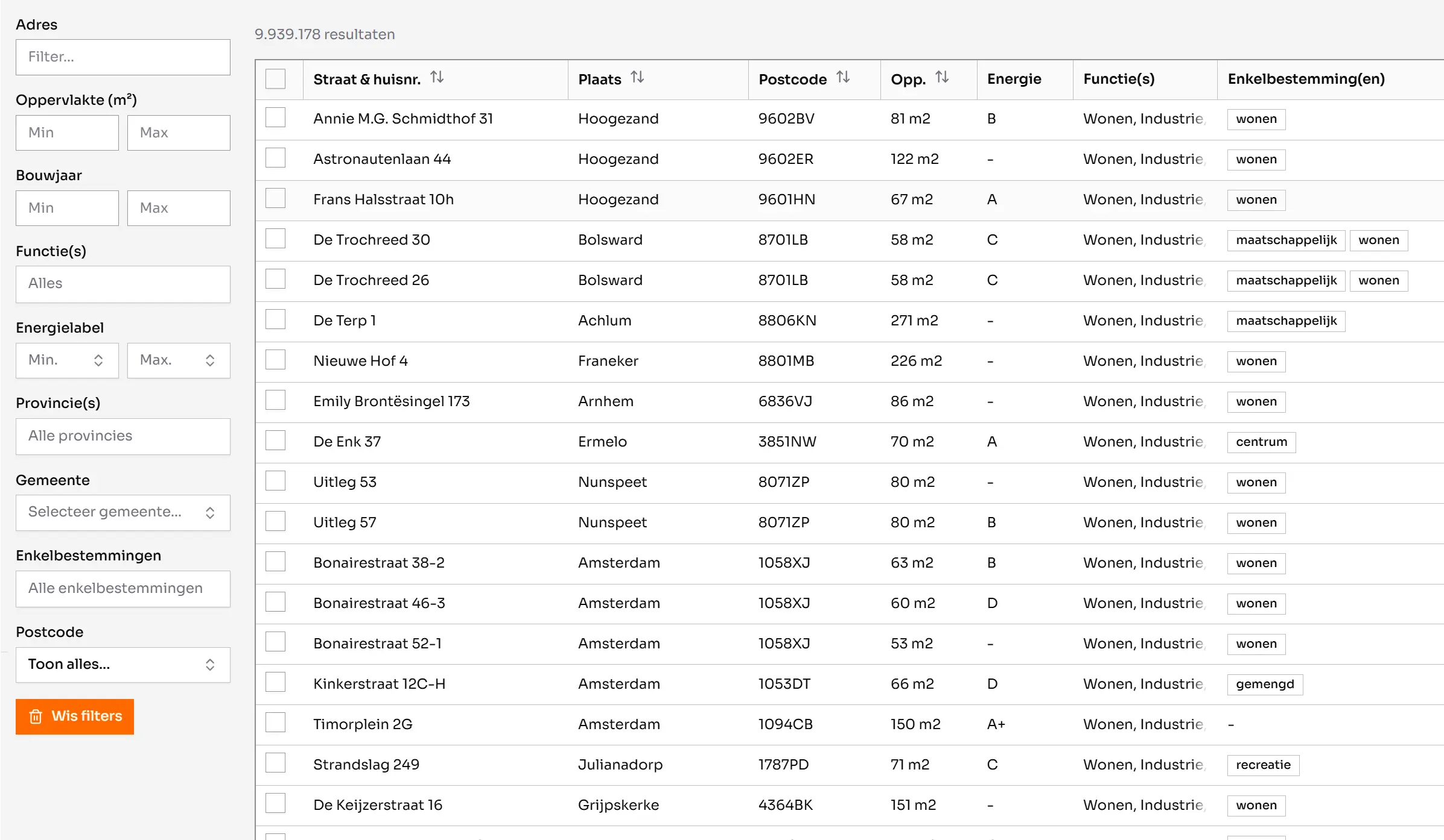 Screenshot van Revelop.ai interface met de adressen tabel, waar je vastgoedobjecten kan zoeken, filteren en selecteren.