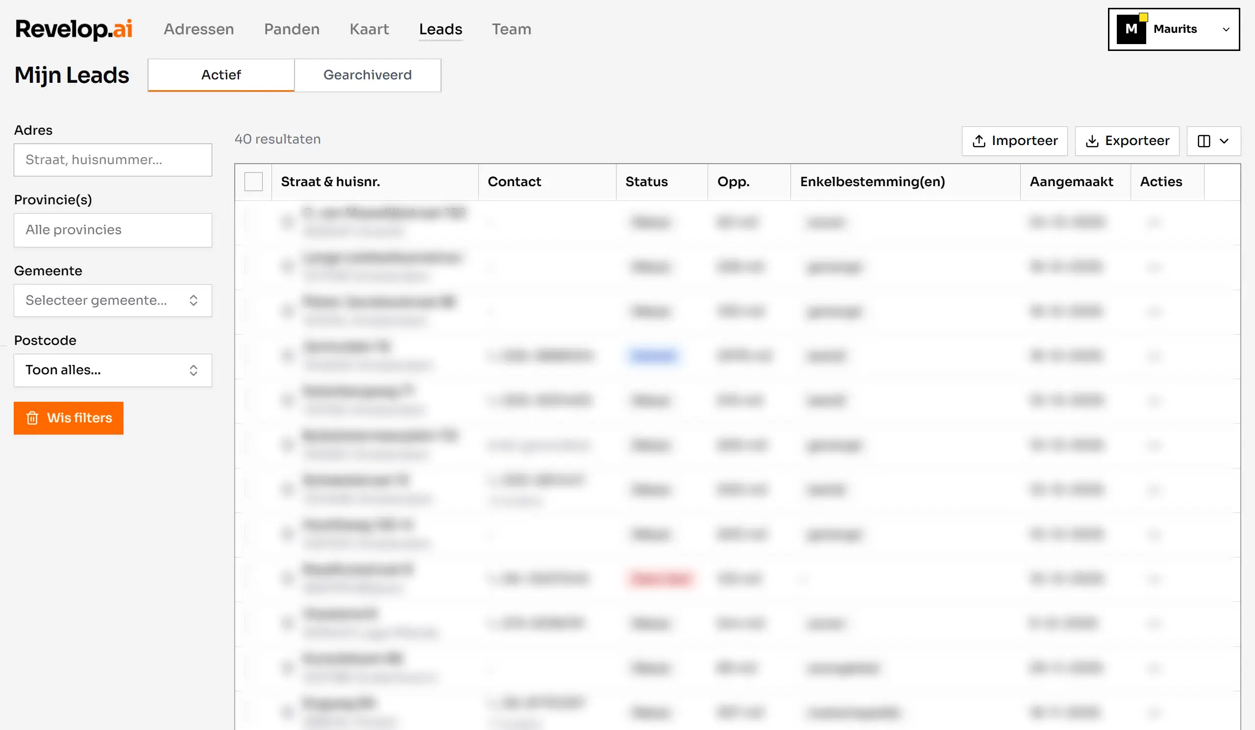 Screenshot van Revelop.ai interface met lead CRM-overzicht, waar je je eigen panden kan beheren, volgen en verrijken met informatie.