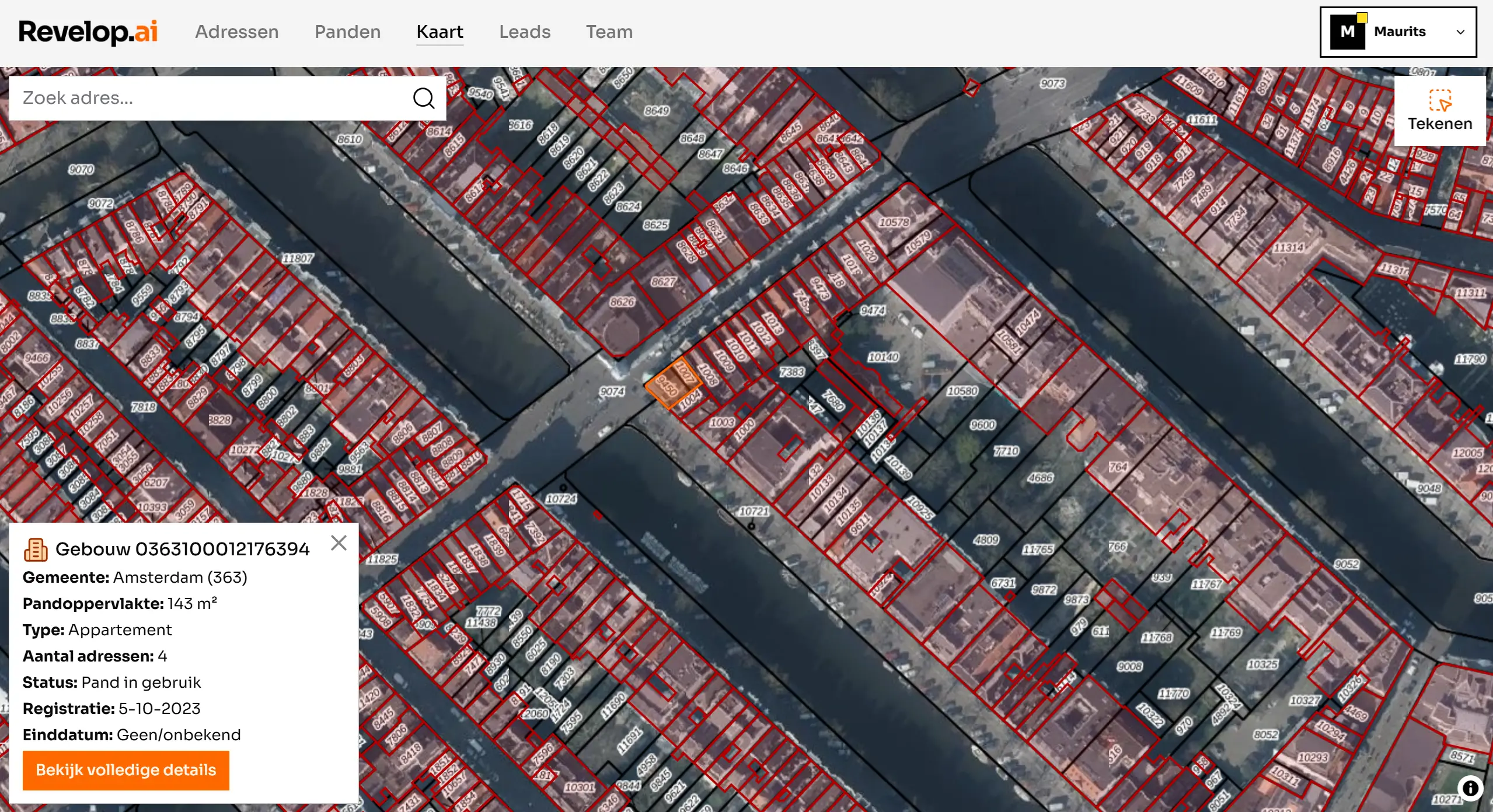 Screenshot van Revelop.ai interface met percelen overzicht